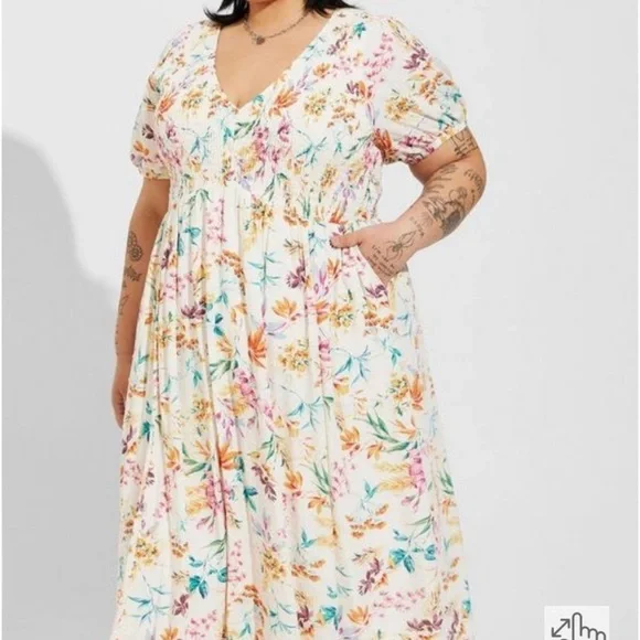 Torrid Floral Print Midi Swiss Dot Shirred Dress with Pockets size 3X - Picture 16 of 16